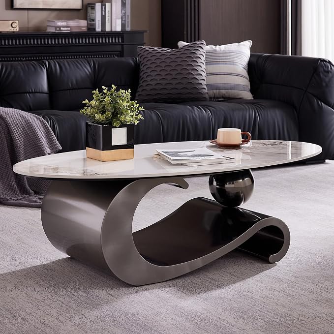49.2-Inch Modern Oval Faux Marble Coffee Table with Sturdy Metal Base - Luxury Living Room Furniture for Home Decor | Scratch-Resistant & Easy Assembly, (Gray)
