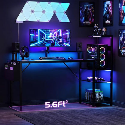 Apicizon 54 Inch Gaming Desk with LED Setup Style, Large Computer Desk with Storage Shelves & Dual Monitor Stand, Reversible Workstation for Small Space, Home Office Desk with Side Pocket