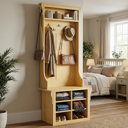 IRONCK 70"H 26"W Hall Tree with Bench and Shoe Storage, 6-in-1 Entryway Bench with Coat Rack, Adjustable Shelf, Hanging Hooks, 6 Shoe Cubby, 2 Tier Top Storage for Entryway, Bedroom, Living Room, Oak