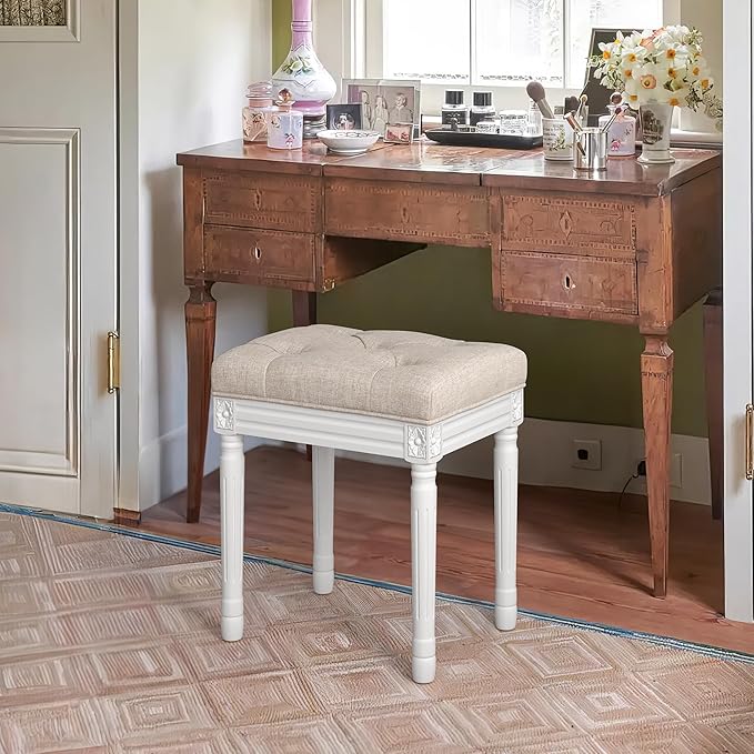 LUE BONA Upholstered Fabric Vanity Bench Seat, Makeup Stools for Vanity, Square Tufted Ottoman Bench with Carved White Legs for Bedroom Living Room, Linen Color