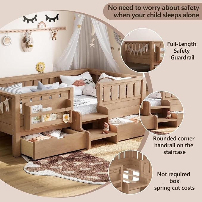 Bellemave Twin Montessori Bed with Stairs, Rails and Slats, Twin Size Montessori Floor Bed with Bookshelf and 2 Storage Drawers, Easy Assemble Beds Frame for Girls, Boys, Natural