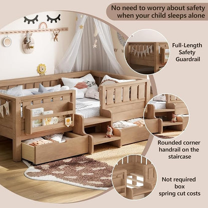 Bellemave Twin Montessori Bed with Stairs, Rails and Slats, Twin Size Montessori Floor Bed with Bookshelf and 2 Storage Drawers, Easy Assemble Beds Frame for Girls, Boys, Natural