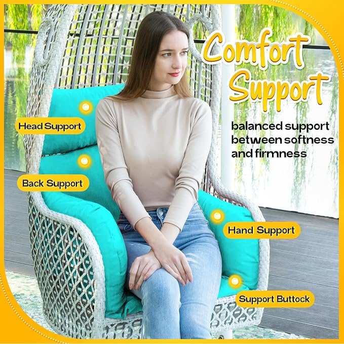 MAGIC ELEPHANT Egg Chair Cushion, Memory Foam Indoor Outdoor Hanging Egg Chair Cushion Replacement, Patio Basket Swing Cushion with Headrest (Teal)