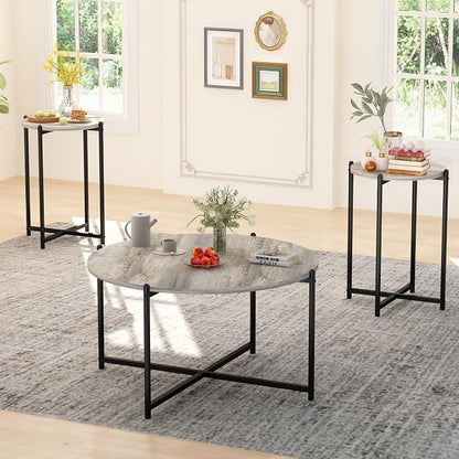 AWQM Faux Marble Coffee Table Set of 3, 1 Coffee Table & 2 Sofa Table, Round Tabletop and Metal Cross Base Frame,Perfect for Living Room Apartment, Grey