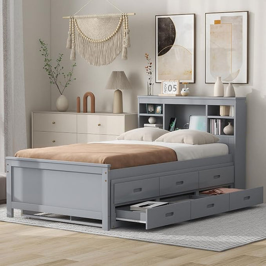 Merax Twin Size Platform Bed with Storage Headboard, USB, Wood Bedframe with Twin Size Trundle and 3 Drawers, Grey