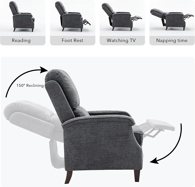 VKNOW Recliner Chair, Fabric Recliner with Soft Armrest, Home Theater Seating with Adjustable Push Back and Lumbar Support, Single Sofa for Adults, Lounge Chair for Living Room, Bedroom（Dark Grey）