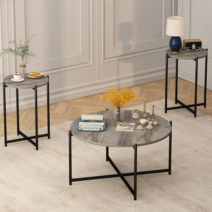 AWQM Faux Marble Coffee Table Set of 3, 1 Coffee Table & 2 Sofa Table, Round Tabletop and Metal Cross Base Frame,Perfect for Living Room Apartment, Grey