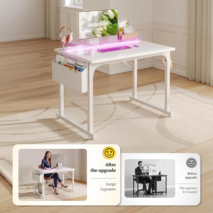 DurayLoly 32" Computer Desk with Waterproof LED Lights,Bedroom Study Desk for Teens, Dorm Room Essentials,Headphone Hook&Storage Bag for Small Spaces,Sturdy Metal Frame,White