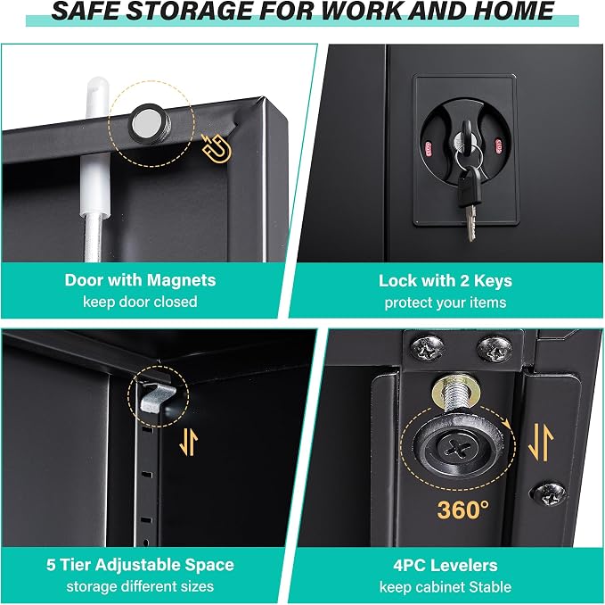 SISESOL Metal Storage Cabinet with 2 Doors and 5 Shelves,71" Lockable Garage Storage Cabinet,Black Metal Cabinets with Lock,Locking Steel Cabinets for Home,Office,Garage,Shop,School