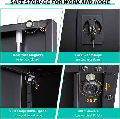 SISESOL Metal Storage Cabinet with 2 Doors and 5 Shelves,71" Lockable Garage Storage Cabinet,Black Metal Cabinets with Lock,Locking Steel Cabinets for Home,Office,Garage,Shop,School
