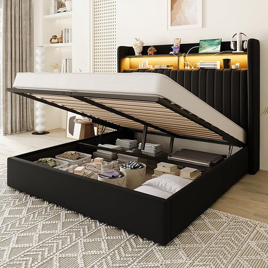 Allewie Full Size Lift Up Hydraulic Storage Bed Frame, 2-Tier Shelf Headboard with LED Lights and Charging Station, USB and Type C Ports, Wingback Velvet Headboard, No Box Spring Needed, Black