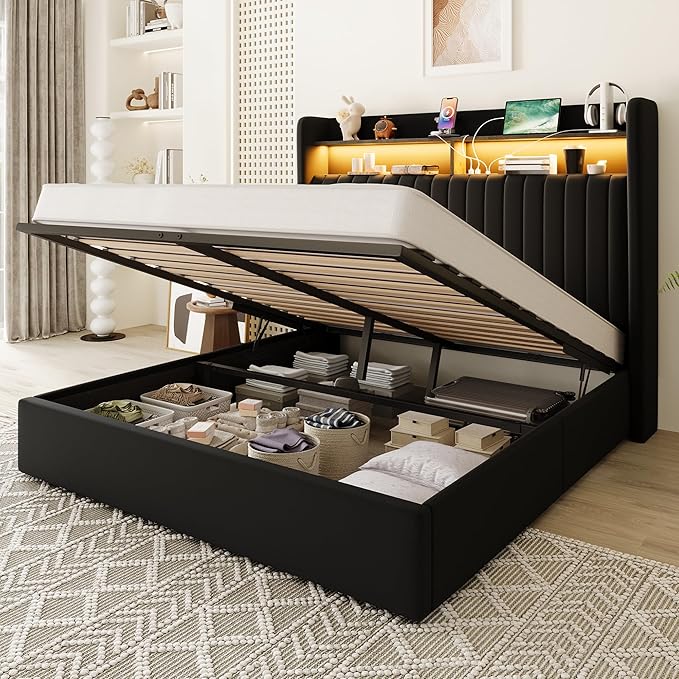 Allewie Queen Size Lift Up Hydraulic Storage Bed Frame, 2-Tier Shelf Headboard with LED Lights and Charging Station, USB and Type C Ports, Wingback Velvet Headboard, No Box Spring Needed, Black