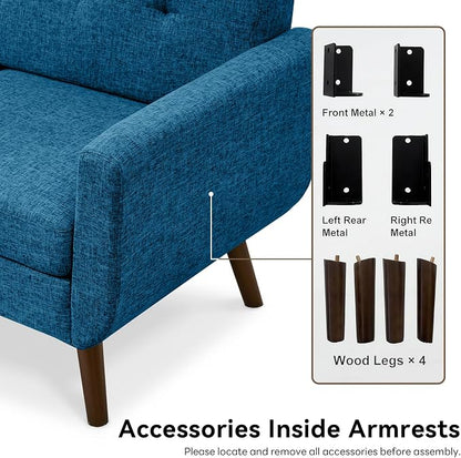 Tbfit 65" W Loveseat Sofa, Mid Century Modern Decor Love Seat Sofas and Couches for Living Room, Button Tufted Upholstered Small Couch for Bedroom, Solid and Easy to Install Love Seats Furniture, Blue