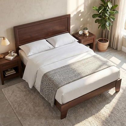 KOMFOTT Full Size Bed Frame, Mid-Century Modern Platform Bed with Headboard, Wooden Slat Support Mattress Foundation, Under-Bed Storage Space, No Box Spring Needed (Walnut,Full)