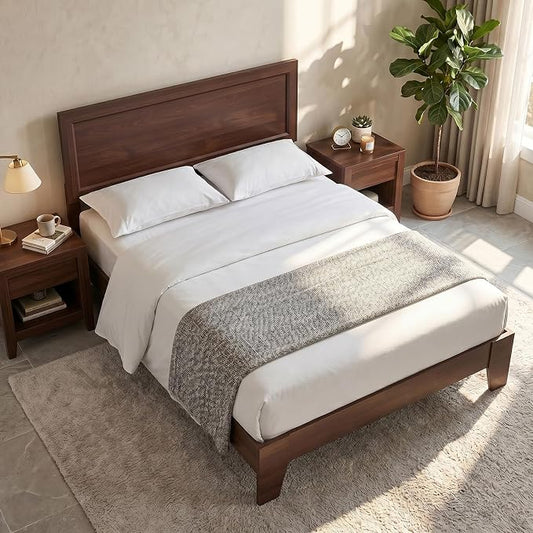 KOMFOTT Full Size Bed Frame, Mid-Century Modern Platform Bed with Headboard, Wooden Slat Support Mattress Foundation, Under-Bed Storage Space, No Box Spring Needed (Walnut,Full)