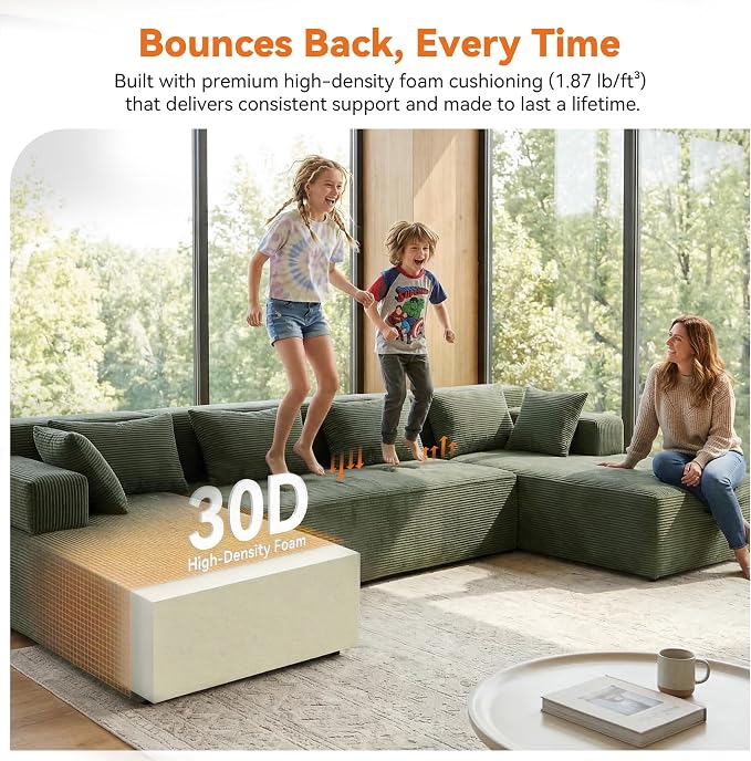MONVANE 141" U Shaped Cloud Sectional Couch with Chaise Lounge, Modular Sectional Sofa with Removable Armrests, Comfy Corduroy Boneless Couches for Living Room, No Assembly Required, Green