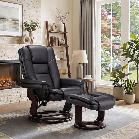 Swivel Recliner Chair with Ottoman Reclining Lounge Sofa Footrest, Set of 1 | 360°Sturdy Wood Base, Soft PU Leather, Upholstered Ultra-Plush Foam, Modern Armchair, Living Room Bedroom Office Reading Home