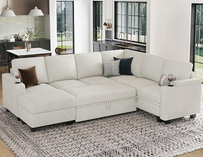 Belffin Sleeper Sofa Modular Sectional Pull Out Couch Bed U Shaped Sofa Couch for Living Room with Storage Chaise. White