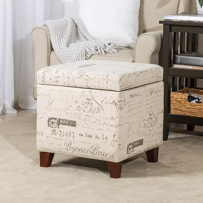 Adeco Fabric Script Pattern Cube Storage Footstool, Hinged Lid, Solid Wood Legs, 18" Height Ottomans & Storage Ottomans, Cream White