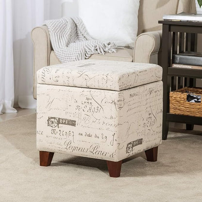 Adeco Fabric Script Pattern Cube Storage Footstool, Hinged Lid, Solid Wood Legs, 18" Height Ottomans & Storage Ottomans, Cream White