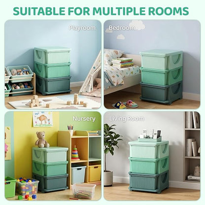 Qaba 3 Drawers Kids Storage Unit, 3 Tier Stackable Toy Organizers and Storage Chest for Bedroom, Nursery, Playroom, Living Room, Boys, Girls, Toddlers, Green