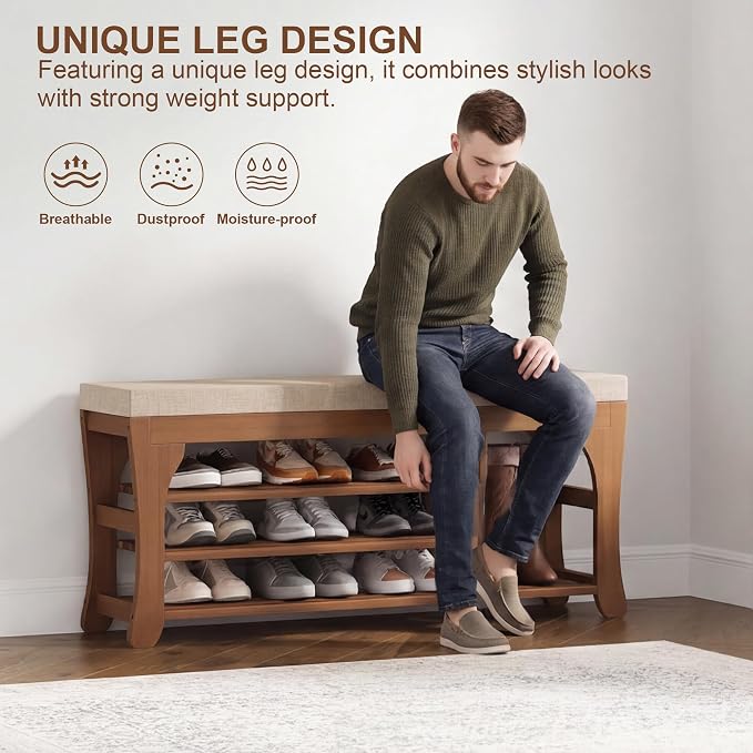 PETKABOO 39.4" Shoe Storage Bench with Cushion, 3-Tier Shoe Rack Bench with Adjustable Shelf, 400 LB Capacity, Boot Storage Compartment, Shoe Organizer for Entryway, Hallway, Bedroom, Closet
