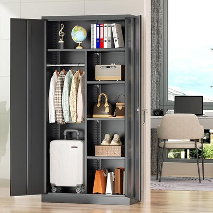 Greenvelly Metal Wardrobe Cabinet with Locking Doors, 72"H Black Metal Wardrobe Closet with Hanging Rods and Adjustable Shelves, Clothing Storage Closet for Home, Office, Employee, Gym (16" D x 32" W)