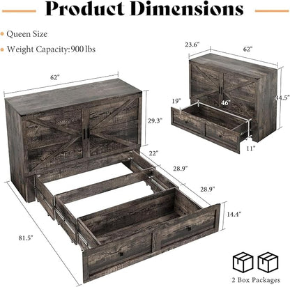 AMERLIFE Queen Murphy Bed Cabinet with Charging Station and Storage, Farmhouse Foldable Platform Bed for Guest Room, Office, Small Spaces, Black Oak
