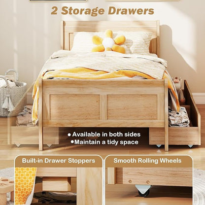 Giantex Twin Bed with 2 Storage Drawers, Wood Platform Bed with Headboard & Footboard, Wooden Slats Support Mattress Foundation, Twin Bed Frames for Kids Teens Adults, No Box Spring Needed (Natural)