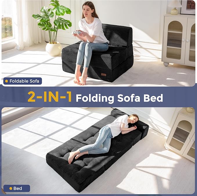 MAXYOYO 8" Folding Sofa Bed, Fold Out Chair Bed, Convertible Floor Sofa Couch, High-Density Foam Tufted Lounge Couch for Living Room Bedroom Dorm, Single, Black