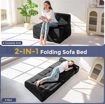 MAXYOYO 8" Folding Sofa Bed, Fold Out Chair Bed, Convertible Floor Sofa Couch, High-Density Foam Tufted Lounge Couch for Living Room Bedroom Dorm, Single, Black