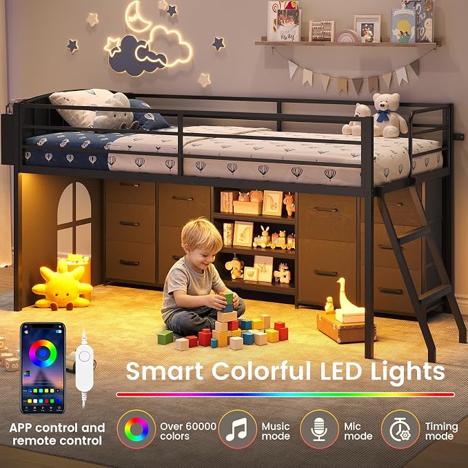 ELYKEN Low Loft Bed Twin Size with 10 Storage Drawers,Twin Loft Bed with Bookcase and LED Lights,Metal Kids Loft Bed with Safety Guardrail,Inclined Ladder & Play Curtain, Under-Bed Play Space, Black