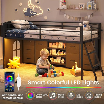 ELYKEN Low Loft Bed Twin Size with 10 Storage Drawers,Twin Loft Bed with Bookcase and LED Lights,Metal Kids Loft Bed with Safety Guardrail,Inclined Ladder & Play Curtain, Under-Bed Play Space, Black