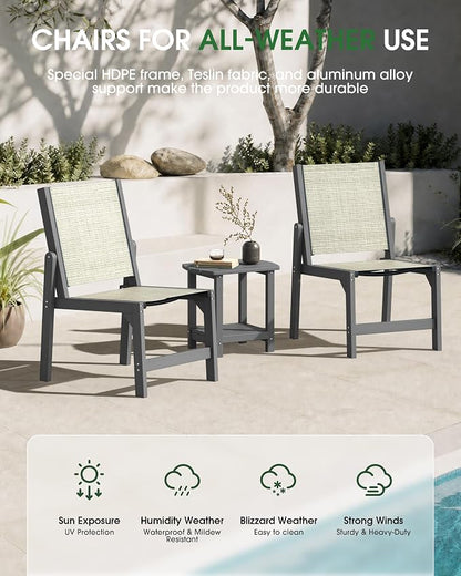 Patio Stackable Chairs Set of 2, HDPE Armless Outdoor Dining Chairs with Wide Seat, All-Weather Textilene Oversized Porch Chair for Garden, Poolside, Backyard, Deck | Grey