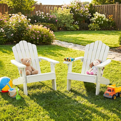 Costzon Kids Adirondack Chair, All-Weather HIPS Toddler Outdoor Chair, Wooden Textured Plastic Fire Pit Chair, Kids Patio Chair for Backyard Lawn Garden, Fits Children Age 3-7 Years (4, White)