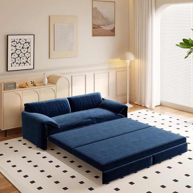 66" Sleeper Sofa Bed Queen Size, 3-in-1 Convertible Couch, Modern Pull Out Couches, Comfy Velvet Futon Sofa, Cloud Loveseat Lounge, Pillow Arm, for Small Spaces, Living Room, Apartment, Blue