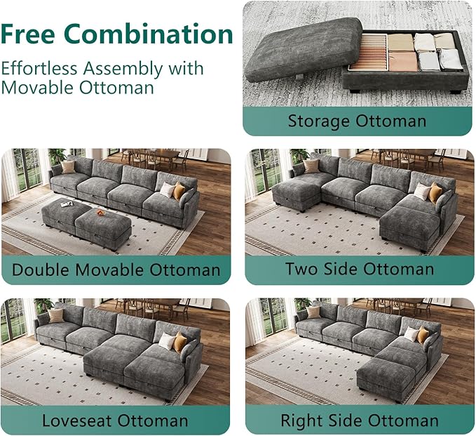 Modular Sectional U Shaped Sofa Couches for Living Room, Cloud Couch with Storage Ottoman, Comfy Chenille Sofa with Pillow, Dark Gray