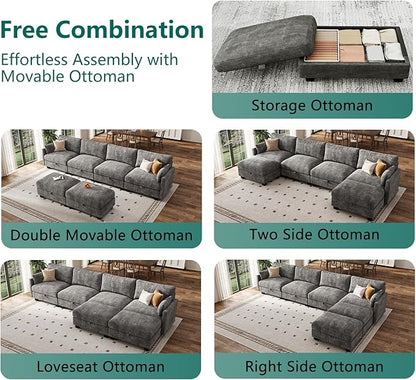 Modular Sectional U Shaped Sofa Couches for Living Room, Cloud Couch with Storage Ottoman, Comfy Chenille Sofa with Pillow, Dark Gray