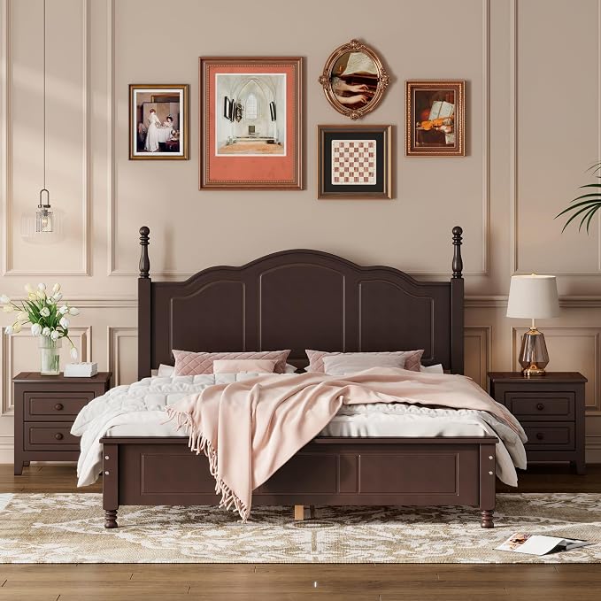 Harper & Bright Designs Bedroom Set Furniture, 3-Pieces Bedroom Sets, Queen Size Wood Platform Bed and 2 Nightstands, Dark Walnut