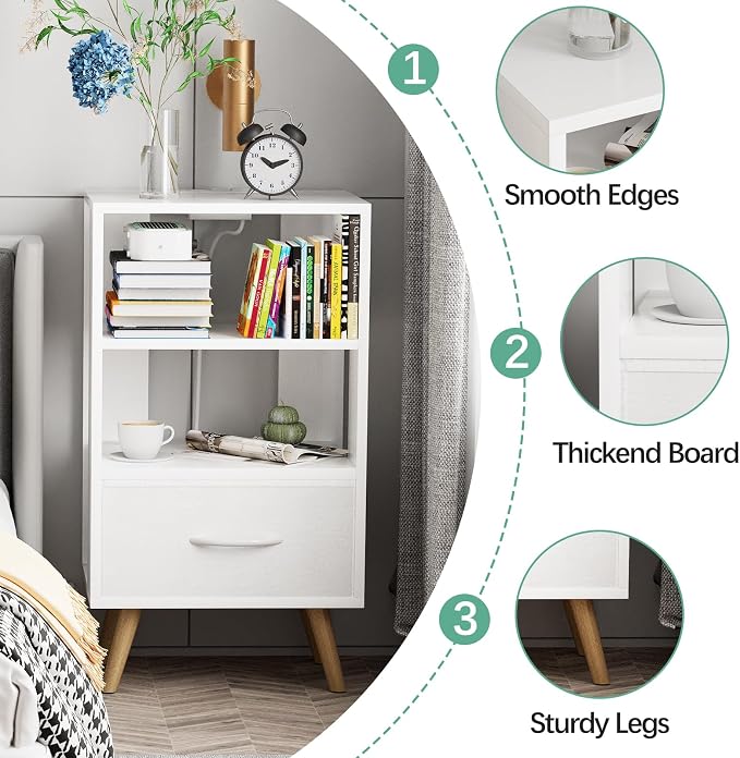 Aenuert Night Stand with Charging Station, White Nightstand with Drawer, 3-Tier Wooden Bedside Table with USB Ports and Outlets, End Table for Small Space, Living Room, Bedroom