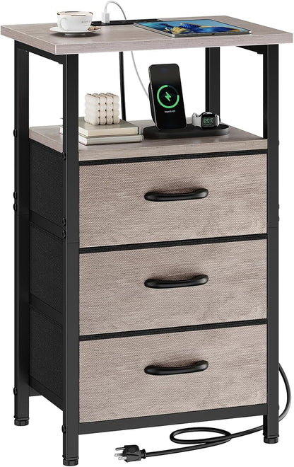 Vagusicc Nightstand with Charging Station, Bedside Table with USB Ports and Outlet, End Table Side Table with 3 Fabric Drawers and Storage Shelf, Bed Side Table Night Stand for Bedroom, Greige