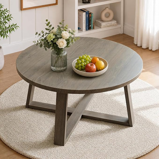Indoor Round Coffee Table with 35.5” Woodgrain Finish Table Top, Outdoor Metal Modern Side Table 125lbs for Backyard Porch Balcony Living Room, Brown