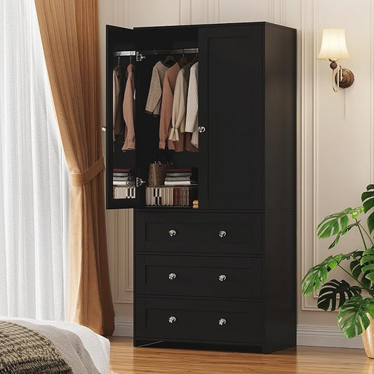 VOWNER Armoire Wardrobe Closet with Drawers and Mirror, 71" Clothing Storage Cabinet with Hanging Rod, 2 Doors Wooden Wardrobe Cabinet for Bedroom, Large Capacity Storage