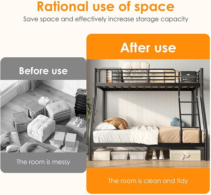 SDHYL Twin Over Full Bunk Bed, Heavy Duty Metal Frame for Adults, Space-Saving for Dorm, Apartment & Small Room, Black, No Box Spring Needed