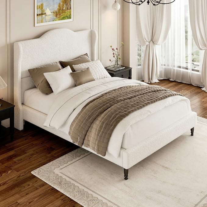 Full Bed Frame with Wingback Headboard, Upholstered Boucle Platform Bed Frame, Solid Wooden Slats Support, Noise-Free, No Box Spring Needed, Soft Cloud Bed for Bedroom, Cream
