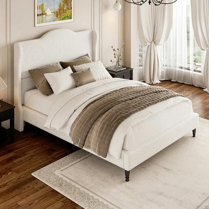 Full Bed Frame with Wingback Headboard, Upholstered Boucle Platform Bed Frame, Solid Wooden Slats Support, Noise-Free, No Box Spring Needed, Soft Cloud Bed for Bedroom, Cream