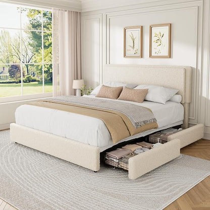 GarveeHome Queen Size Bed Frame with 2 Storage Drawer, Teddy Fleece Thick Upholstered Platform Bed Frame with Adjustable Headboard, No Box Spring Needed, Cream Beige