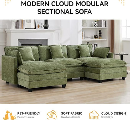 111'' Sectional Cloud Deep Seat Couch, Oversized Chenille U Shaped Sectional Sofa for Living Room Set, Comfy Upholstered Modular 3-Seats Sectional Sofa Couch with 2 Movable Ottoman, Green