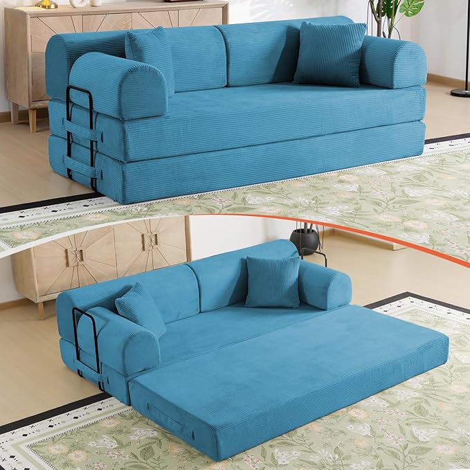 78.8" Memory Foam Boneless Couch, Corduroy Floor Sofa Bed, Convertible Sleeper Futon Loveseat, Wide Armrests & Back Support, Supports Up to 1200 lbs, Couch in a Box with 2 Pillows, Ocean Blue