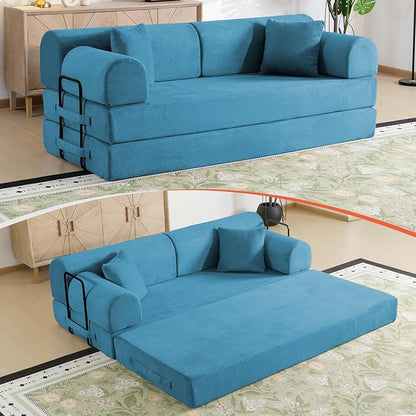 78.8" Memory Foam Boneless Couch, Corduroy Floor Sofa Bed, Convertible Sleeper Futon Loveseat, Wide Armrests & Back Support, Supports Up to 1200 lbs, Couch in a Box with 2 Pillows, Ocean Blue